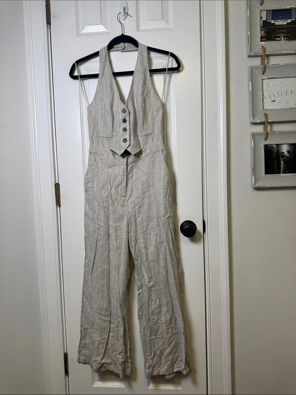 Zara Linen Blend Pinstripe Halter Jumpsuit NWT XS
